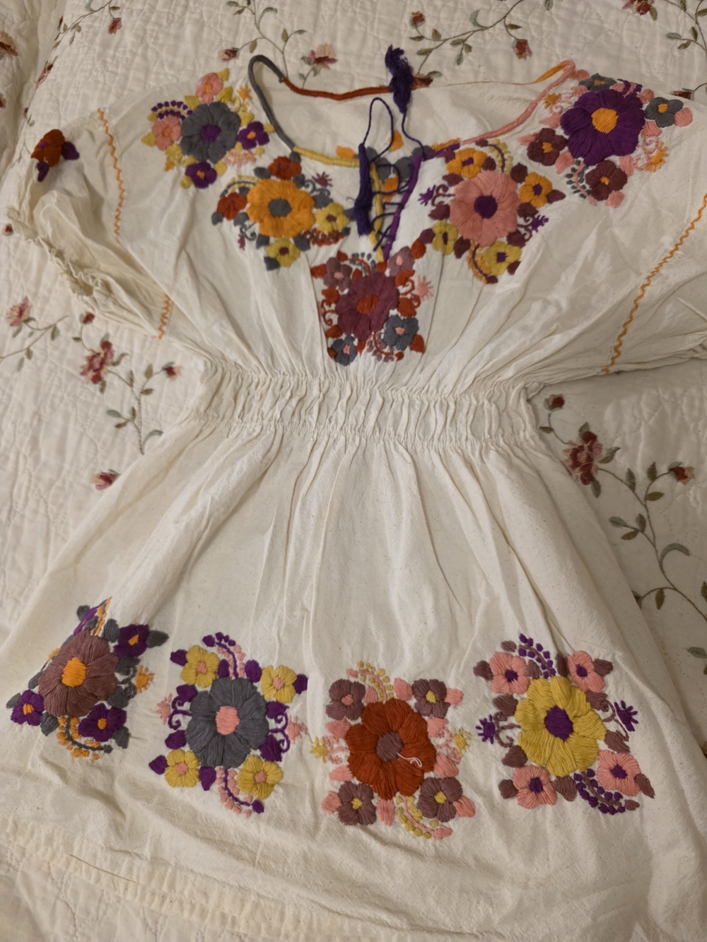 Hand Embroidered White Boho Peasant Blouse  with Colorful Floral Detail